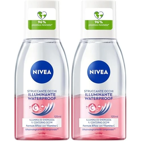 NIVEA Struccante Occhi Illuminante Waterproof 125 ml, Struccante bifasico delicato per trucco waterproof, Olio struccante con Vitamina C energizzante, Protegge le ciglia, Tutti i tipi di pelle