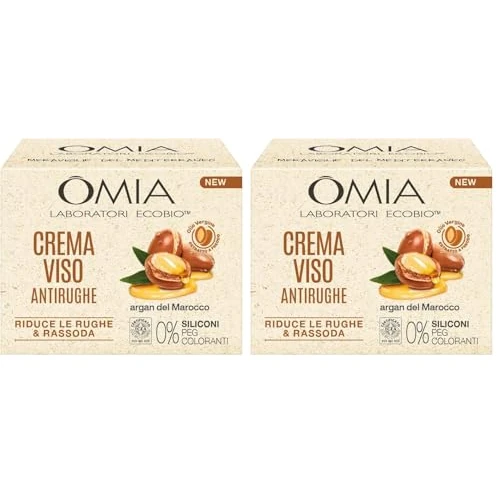 Offerta a tempo: Omia, Crema Viso Antirughe all'Argan del Marocco e Acido Ialuronico, Riduce le Rughe e Rassoda la Pelle, Senza Siliconi e Coloranti, Adatta a Tutti i Tipi di Pelle, 50 ml (Confezione da 2) - 73% da 25.98 € a 7.00 €