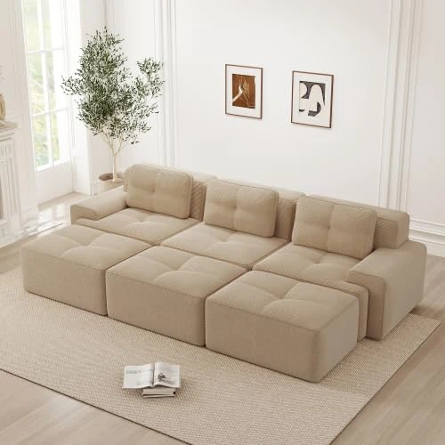 Oferta limitada: Bladez Boneless Cloud - Sofá modular de 3 plazas, de pana, con función de dormir y 3 taburetes, para asiento profundo, sofá de compresión sin desnudos, sin montaje, sofá para salón, salón (beis, 3 de 729.00 € a 729.00 € (ahorro 0.00%)
