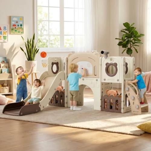 Zeitlich begrenztes Angebot: MAMIZO 10 in 1 Kinderrutsche, Kinder Rutsche mit Klettergerüst, Indoor & Outdoor Rutsche mit Basketballkorb, Zeichenbrett und Pinsel, Gartenrutsche,Kinder Spielplatz,mit 4PCS Moduls (Milchkaffeefarbe) von 159.99 € auf 159.99 €