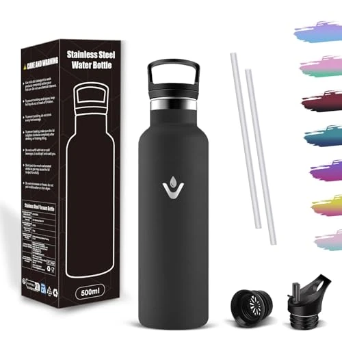Tijdelijke aanbieding: Mujigaga Drinkfles, 500 ml, roestvrij staal, thermosfles, 500 ml, vacuüm-isolatie, thermosfles met rietje, lekvrij en BPA-vrij design, voor fietsen, kamperen, yoga, school, kinderen van 11.27 € naar 11.27 € (0.0% korting)