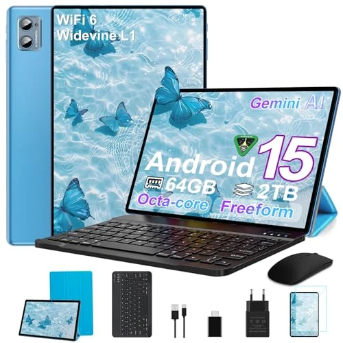 Offerta a tempo: Tablet Android 15 Octa Core con 64Go RAM + 2To TF Tablet 10 Pollici | 5G + 2.4G WiFi | FHD | GMS | Bluetooth 5.0 | 8MP + 5MP | Tipo C, Tablet Touch con custodia, Tastiera e Mouse-Blu - 0.00% da 99.99 € a 99.99 €