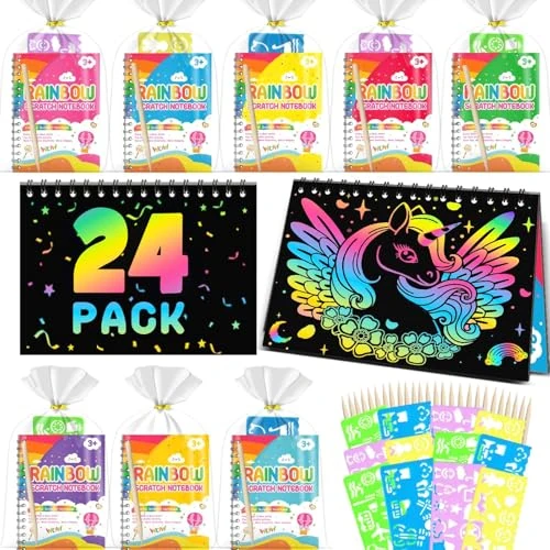 Offerta a tempo: Scratch Art Bambini - Gadget Compleanno Bambini, 24 Set con Quaderno da Grattare, Stencil e Penne in Legno, Regalini Fine Festa Compleanno, Lavoretti Creativi per 3-12 Anni - 49% da 48.99 € a 24.99 €