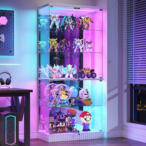 Tijdelijke aanbieding: Gurexl 170 cm glazen vitrine met RGB-ledverlichting, 5-laagse vitrinekast met bewegingssensor en vergrendelingen, moderne vitrine met verstelbare scheidingswand voor verzamelobjecten, woonkamer van 219.99 € naar 219.99 € (0.00% kort