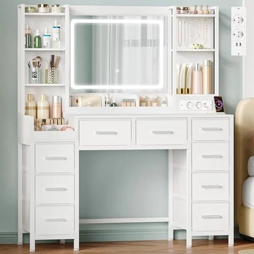 Oferta limitada: Hzuaneri 120 cm Tocador con Espejo, Tocador de Maquillaje con Luz LED, Mesa de Maquillaje con Prácticas Tomas de Corriente, 9 Cajones, Estantes Abiertos Mesa, Blanco de 109.99 € a 109.99 € (ahorro 0.00%)