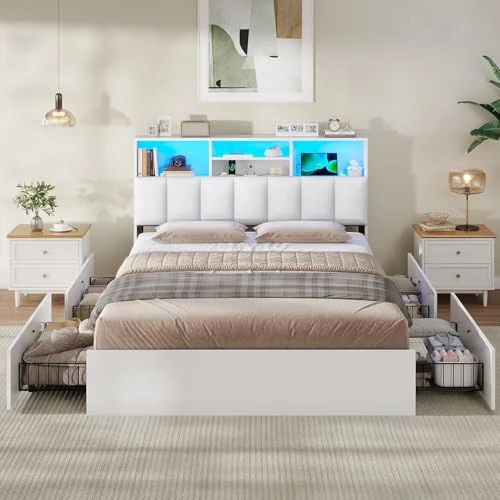 Offerta a tempo: AOGLLATI Letto 140x190 cm con 4 Cassetti Contenitori, Letto Matrimoniale con Illuminazione a LED e Stazione di Ricarica, Struttura Letto con Testiera Imbottita in PU e Vano Nascosto, Bianco - 41% da 169.99 € a 99.99 €