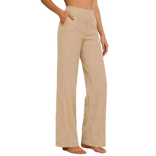 Generico Pantaloni Lino Donna Estivi a Dritto Eleganti Elastico Vita Alta Pantaloni con Tasche Comodi Traspirante in Cotone e Lino Pants Yoga Pantalone Larghi Curvy per Business Ufficio