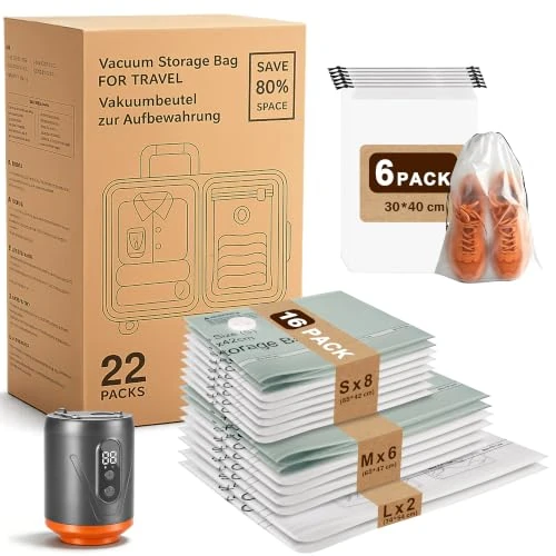 Offerta a tempo: Sacchetti Sottovuoto Vestiti Con Pompa Sottovuoto Senza Fili, 16 Pezzi (8 * 42x55cm, 6 * 65x47cm, 2 * 74x54cm),2 livelli di aspirazione - 4000 Pa / 20000 Pa,Per viaggi e organizzazione valigia - 0.00% da 37.99 € a 37.99 €