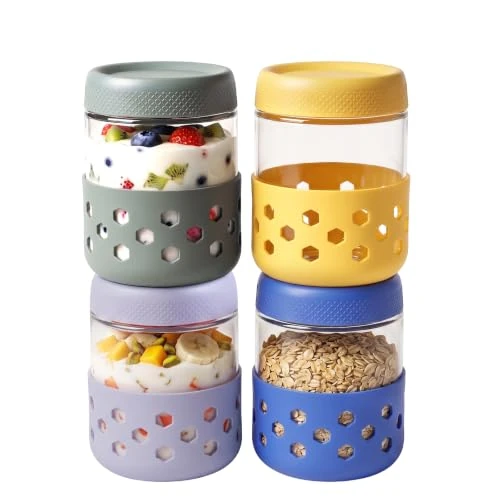 Offre limitée : VINATO 4 Pièces Pots Overnight Oats Jar en Verre avec Couvercle et Housse Silicone, 500ml Bocaux en Verre Réutilisables à Vis, Bocal en Verre avec Couvercle pour Gruau, Salade, Confiture, Yaourt de 19.99 € à 18.99 € (5% de remise)