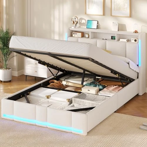 Offerta a tempo: AOGLLATI Letto 140x190 cm con Sollevamento Idraulico, Letto Contenitore Matrimoniale con Illuminazione a LED e Stazione di Ricarica, Struttura Letto Matrimoniale con Testiera Imbottita, Beige - 18% da 169.99 € a 139.99 €