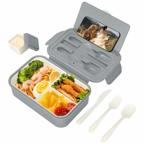 Limited-time offer: VINATO Lunch Box with Compartments 1400 ml Leak-Proof Lunch Box Bento Box Adults Children Lunch Box with Cutlery and Sauce Box Snack Box Breakfast Box for School Work Picnic Grey from 14.18 £ to 14.18 £ (save 0.00%)