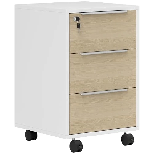 Offerta a tempo: HOMCOM Schedario da Ufficio con 3 Cassetti, 4 Ruote, Cassettiera Ufficio con Serratura e 2 Chiavi per Lettera/Formato A4, Armadietto Verticale per Studio, 40x40x63.5 cm, Bianco e Rovere - 0.00% da 74.95 € a 74.95 €