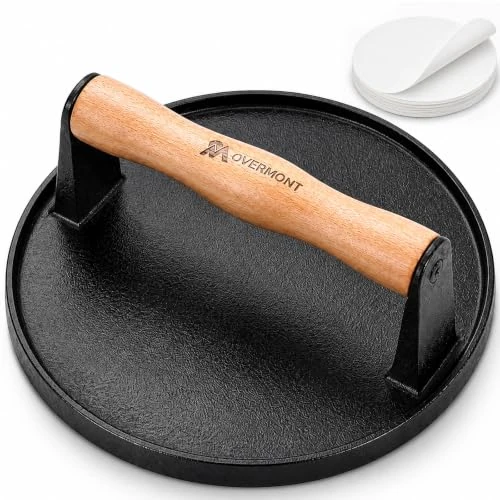 Offerta a tempo: OVERMONT Pressa per Smash Burger in Ghisa, 18 cm, 1,1 kg, Manico in Legno - 0.00% da 21.99 € a 21.99 €