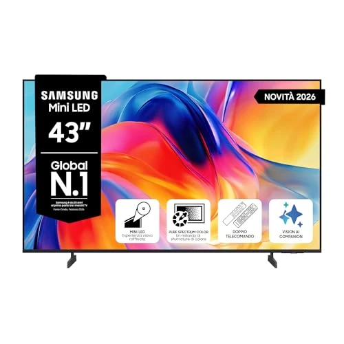 Offerta a tempo: Samsung Smart TV 43" UE43M72HAUXZT Mini LED 4K, HDR 10+, Motion Xcelerator 144Hz, Dynamic Sound Pack, Gaming Hub, Pure Spectrum Color, Knox Security, Voice Control with AI(VAC), Vision AI, 2026 - 0.00% da 399.00 € a 399.00 €