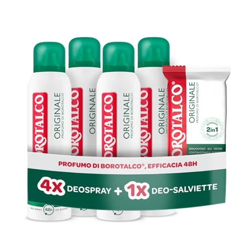 Offerta a tempo: Borotalco, Kit con 4 Deodoranti Spray e Deo-Salviette, con Talco Vegetale e Molecole Anti‑Odore, Azione Deodorante e Detergente, Durata 48h, Senza Alcol, 4x150 ml, 12 Salviette - Esclusiva Amazon - 40% da 19.99 € a 11.99 €