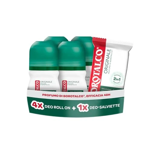 Offerta a tempo: Borotalco, Kit con 4 Deodoranti Roll On e Deo-Salviette, con Talco Vegetale e Molecole Anti‑Odore, Azione Detergente e Deodorante, Durata 48h, Senza Alcol, 4x150 ml, 12 Salviette - Esclusiva Amazon - 50% da 19.99 € a 9.98 €