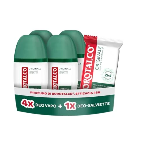 Offerta a tempo: Borotalco, Kit con 4 Deodoranti Vapo e Deo-Salviette, con Talco Vegetale e Molecole Anti‑Odore, Azione Detergente e Deodorante, Durata 48h, Senza Alcol, 4x75 ml, 12 Salviette - Esclusiva Amazon - 50% da 19.99 € a 9.98 €