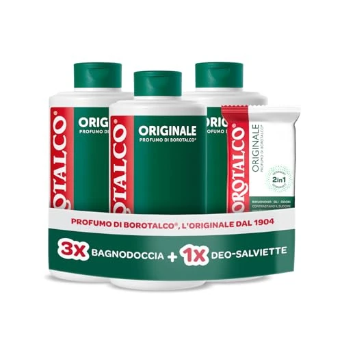 Offerta a tempo: Borotalco, Kit con 3 Bagnodoccia e Deo-Salviette, Azione Detergente e Deodorante, con Molecole Anti‑Odore, Durata 48h, 0% Alcol, per Uso Quotidiano, 3x500 ml, 12 Salviette - Esclusiva Amazon - 50% da 17.99 € a 8.98 €