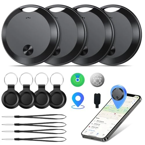 Oferta limitada: 2026 Smart Air Tracker Tags 4 Pack(Sólo iOS), Buscador de Objetos Bluetooth Compatible con Apple Find My App, 365 días de Uso, Batería Reemplazable, Impermeable IP68, para Llaves/Equipaje/Maleta,Negro de 49.99 € a 19.99 € (ahorro 60%)