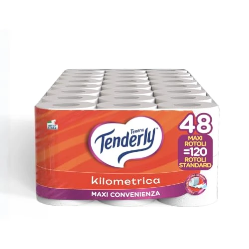 Offerta a tempo: Tenderly Kilometrica, 48 Rotoli di Carta Igienica (4 conf. da 12 rotoli), 2 Veli, 500 Strappi per Rotolo, Dermatologicamente Testato, Made in Italy - 0.00% da 36.99 € a 36.99 €