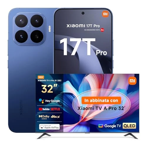 Offerta a tempo: XIAOMI 17T Pro, Smartphone 12+256GB, Display Eye-Care 6,83" 144Hz, Batteria Silicio-carbonio da 7000mAh (typ), Teleobiettivo Leica 5x, 100W HyperCharge, Deep Blue, Garanzia 3 anni TV A PRO 32 - 14% da 1049.39 € a 898.90 €