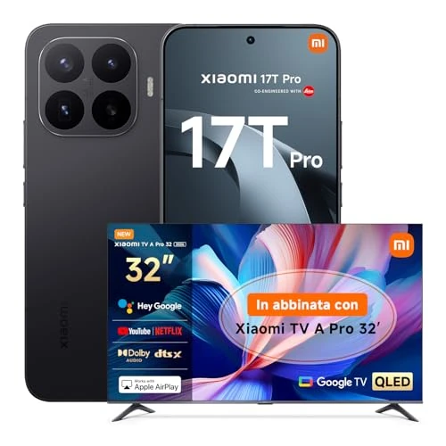 Offerta a tempo: XIAOMI 17T Pro, Smartphone 12+256GB, Display Eye-Care 6,83" 144Hz, Batteria Silicio-carbonio da 7000mAh (typ), Teleobiettivo Leica 5x, 100W HyperCharge, Black, Garanzia 3 anni TV A PRO 32 - 12% da 910.33 € a 799.90 €