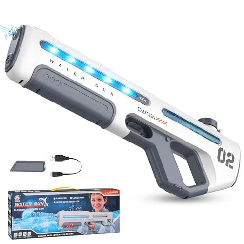 Offerta a tempo: Pistola ad Acqua Elettrica, Potente Pistola Acqua con Assorbimento Automatico per Bambini e Adulti, Luci LED, Tiro Continuo Portata 8m, Giocattolo Acquatico per Spiaggia, Piscina e Giardino (Bianco) - 0.00% da 29.99 € a 29.99 €