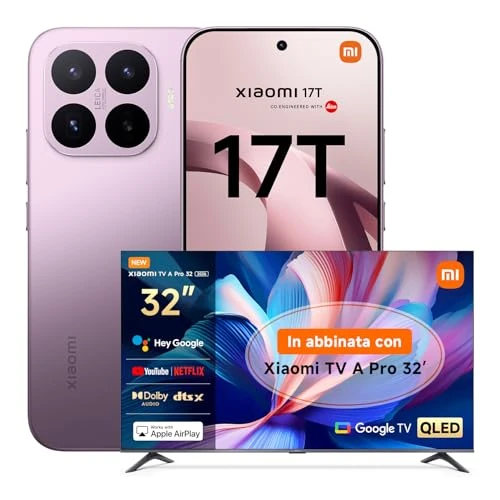 Offerta a tempo: XIAOMI 17T, Smartphone 12+512GB, Display Eye-Care da 6,59" 120Hz, Batteria da 6500mAh(typ), Teleobiettivo Leica 5x, 67W HyperCharge, MediaTek Dimensity 9500, Violet, Garanzia 3 anni TV A PRO 32 - 16% da 948.49 € a 798.90 €