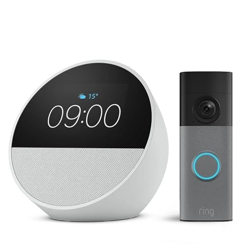 Offre limitée : Amazon Echo Spot (Nouvelle génération), Blanc + Ring sonnette vidéo sans fil (Battery Video Doorbell) (nouvelle génération), Gris moucheté de 194.98 € à 99.99 € (49% de remise)