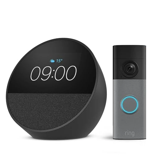 Zeitlich begrenztes Angebot: Amazon Echo Spot (neueste generation), Schwarz + Ring Akku-Videotürklingel (Battery Video Doorbell) (neueste Gen.), Gesprenkeltes Grau von 219.98 € auf 149.98 € (32% Rabatt)