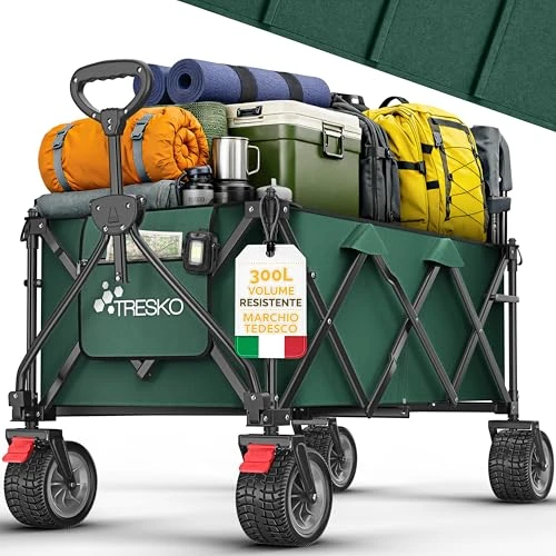 Offerta a tempo: TRESKO® Carrello pieghevole da 300 l con freno, 150 kg, con pneumatici in gomma piena, ruote extra larghe per tutti i terreni, con borsa per il trasporto (verde) - 14% da 104.79 € a 89.89 €