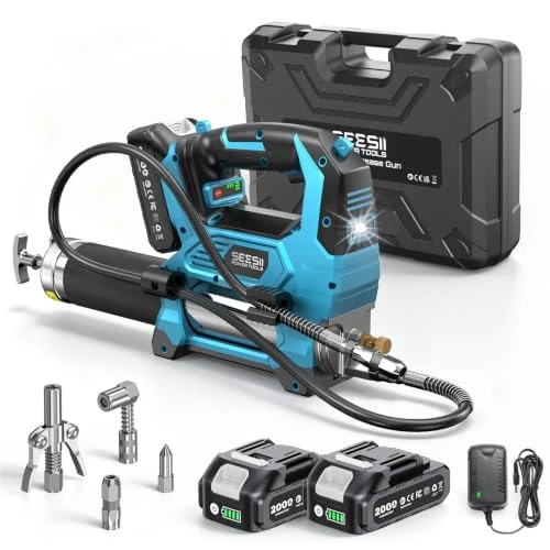 Offerta a tempo: Seesii 12.000PSI Ingrassatore a Batteria con 2 Batterie (compatibili Anche con batterie Makita da 18 V), 3 velocità, Motore Brushless, 3 Testina Ingrassatore, Tubo da 1.2m, per Attrezzature Pesanti - 0.00% da 159.99 € a 159.99 €