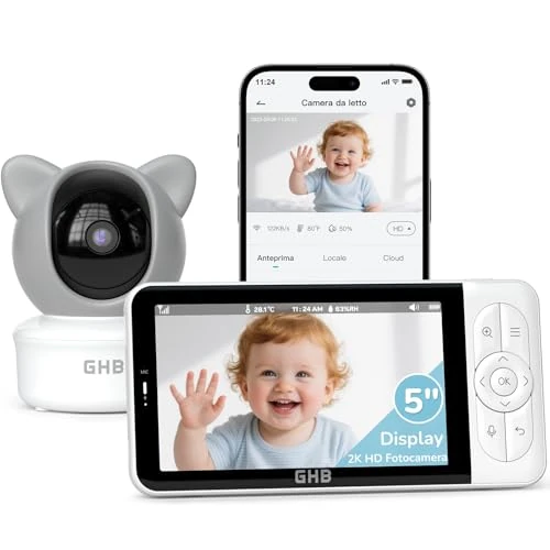Offerta a tempo: GHB Baby Monitor Video e Audio WiFi con App, Monitor IPS 5'', Telecamera 2K, 350°/65° PTZ, 3000mAh, Rilevamento di Movimento/Pianto/Temperatura, Visione Notturna - 0.00% da 79.99 € a 79.99 €
