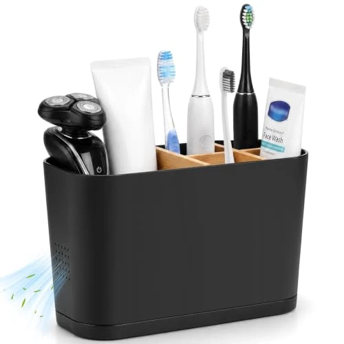 Zeitlich begrenztes Angebot: Romon Zahnbürstenhalter schwarz mit herausnehmbaren Bambus-Trennwänden und Belüftungslöchern-5 Fächer Badezimmer zahnbürsten Organizer für elektrische Zahnbürsten, Zahnpasta, Rasierer von 11.99 € auf 11.99 € (0.00% Rabatt)