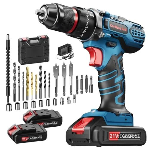 Offerta a tempo: Trapano A Percussione 21V, Trapano Avvitatore Batteria con 2 Batterie 2,0Ah, Avvitatore a Batteria Coppia Massima di 45Nm, 2 Velocità, 25+3 Coppia, 10mm Morsa, Set di Accessori 29 Pezzi con Valigetta - 14% da 69.99 € a 60.00 €