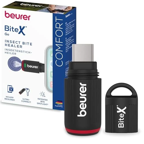 Oferta limitada: Beurer BiteX Go Deep Black Aparato contra picaduras de insectos para smartphone, tratamiento de mordeduras y picaduras, alivia el picor, para móvil Android y iPhone (USB‑C), con luz de 29.99 € a 29.99 € (ahorro 0.00%)
