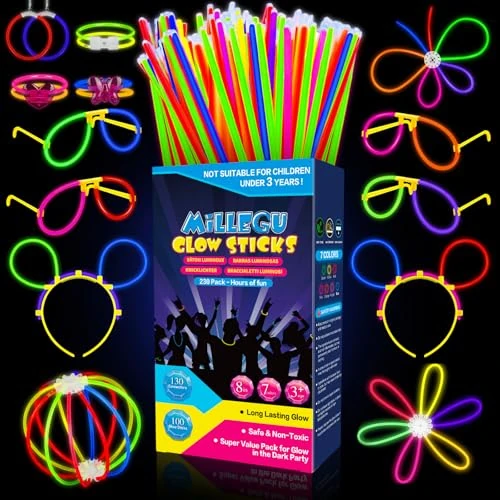 Offerta a tempo: Millegu 230 Fluo Party Kit, 100 Braccialetti Luminosi Fluorescenti Bambini Adulti Starlight Glow Sticks e 130 Connettori per Bracciali Occhiali Gadget per Comleanno Feste Carnevale Capodanno 2026 - 0.00% da 18.99 € a 18.99 €