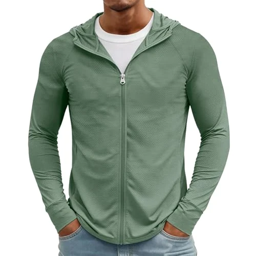 MOKBAY Maillot Anti UV Homme de Pêche Respirant de Course à Capuche Slim Fit Techniques Manches Longues Maille UPF 50 Homme Été Technique Léger Anti UV T Shirt, vert, XL