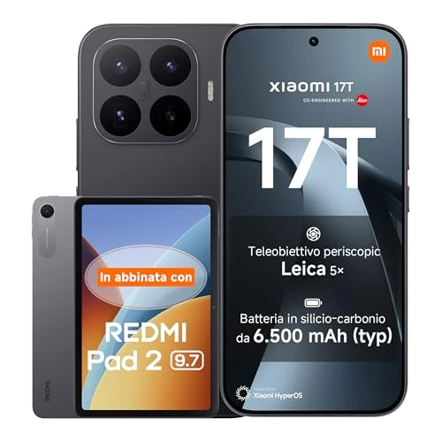 Offerta a tempo: Xiaomi 17T, Smartphone 12+256GB, Display Eye-Care da 6,59" 120Hz, Batteria 6500mAh(typ), Teleobiettivo Leica 5x, 67W HyperCharge, MediaTek Dimensity 9500, Black, Garanzia 3 anni+REDMI Pad 2 9.7' 64GB - 19% da 929.80 € a 750.90 €