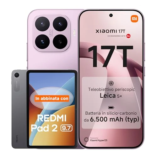 Offerta a tempo: Xiaomi 17T, Smartphone 12+512GB, Display Eye-Care da 6,59" 120Hz, Batteria 6500mAh(typ), Teleobiettivo Leica 5x, 67W HyperCharge, MediaTek Dimensity 9500, Violet, Garanzia 3 anni+REDMI Pad 2 9.7' 64GB - 18% da 979.80 € a 800.90 €
