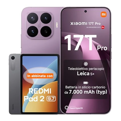 Offerta a tempo: Xiaomi 17T Pro, Smartphone 12+512GB, Display Eye-Care 6,83" 144Hz,Batteria Silicio-carbonio 7000mAh (typ), Teleobiettivo Leica 5x, 100W HyperCharge, Deep Violet, Garanzia 3 anni+REDMI Pad 2 9.7' 64GB - 15% da 1179.80 € a 1000.90 €