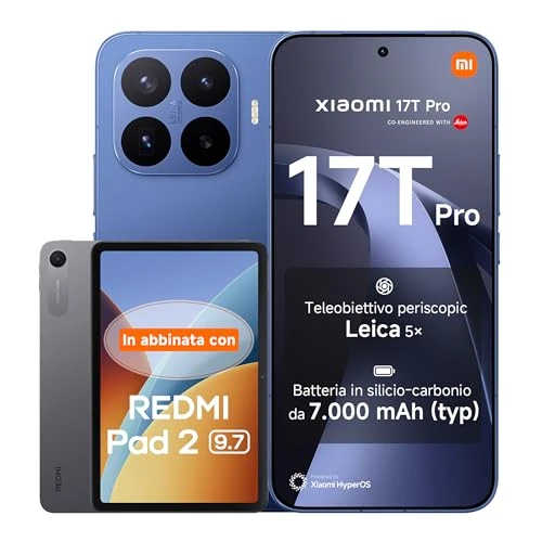 Offerta a tempo: Xiaomi 17T Pro, Smartphone 12+512GB, Display Eye-Care 6,83" 144Hz,Batteria Silicio-carbonio da 7000mAh (typ), Teleobiettivo Leica 5x, 100W HyperCharge, Deep Blue, Garanzia 3 anni+REDMI Pad 2 9.7' 64GB - 15% da 1179.80 € a 1000.90 €