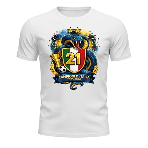 Generico 2025-2026 Celebrative Champions of Italy T-Shirt - Scudetto 21 - Adult Football T-Shirt with Tricolour Crest, Trophy and Snake - Fan Gift Idea, White, XL