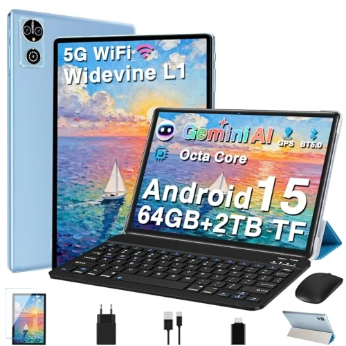 Offerta a tempo: Tablet 10 Pollici Android 15 Tablets con Gemini AI, 64GB+2TB TF, GMS, Tablets 5G+2.4G WIFI, Octa-Core 2.0GHz, Face ID,Widevine L1 FHD,BT5.0,Type-C,8MP+5MP, GPS ,Tablet 3 in 1 con Tastiera e Mouse, Blu - 45% da 199.99 € a 109.99 €