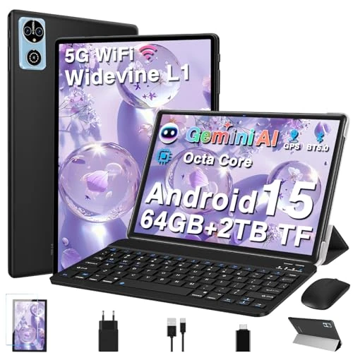 Offre limitée : Gemini AI Tablette Android 15 Tablette 10 Pouces 64Go+2To Extensible, Tablette Tactile GMS, 5G+2.4G Wi-Fi, Octa-Core 2.0Ghz, Widevine L1, BT5.0, 6000mAh, GPS, Tablettes avec Clavier+Souris et Cas-Noir de 99.99 € à 99.99 € (0.00% de remise)
