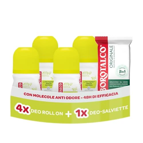 Offerta a tempo: Borotalco, Deodorante Roll On Attivo 4x50ml, Deo-Salviette Originale 2in1 - 40% da 21.99 € a 13.19 €