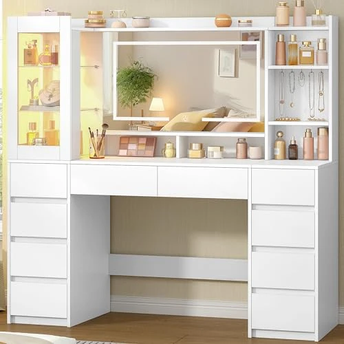 Zeitlich begrenztes Angebot: Hzuaneri 140 cm Große Schminktisch mit RGB-Beleuchtung, Schminktisch mit Große Spiegel, Schminktische mit 10 Schubladen und 9 Ablagefächern, Ideal für Schlafzimmer und Büro, Weiß, 1150003XEU von 142.99 € auf 142.99 € (0.00% Ra