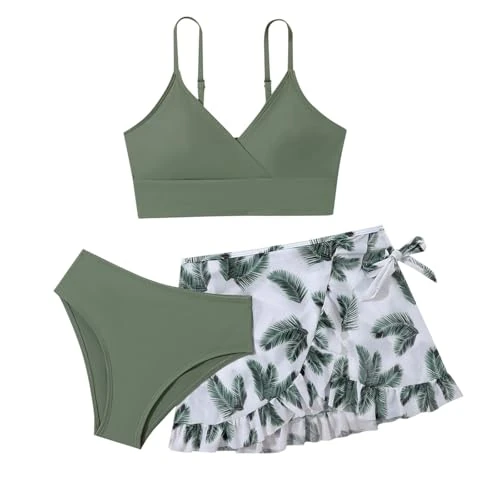Offerta a tempo: Generico Costume Bambina 3 Pezzi Costumi Ragazza Estivi Mare Vestiti Tropicali Con Canotta, Pantaloncini E Minigonna Stampa Floreale, Bikini Da Bagno Piscina E Spiaggia Verde militare 11-12 anni - 0.00% da 31.98 € a 31.98 €
