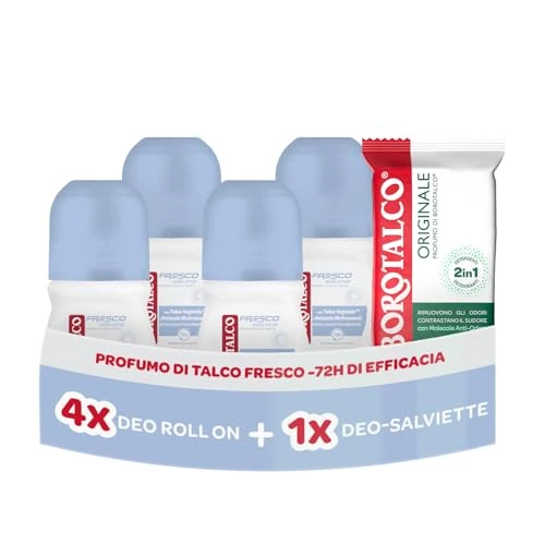 Offerta a tempo: Borotalco, Deodorante Roll On Fresco 4x50ml, Deo-Salviette Originale 2in1 - 40% da 21.99 € a 13.19 €