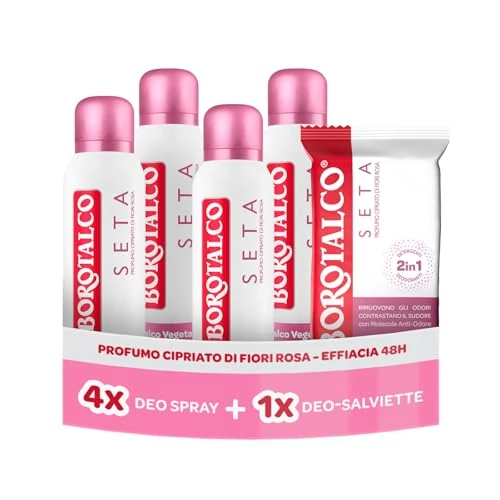 Offerta a tempo: Borotalco, Deodorante Spray Seta 4x150ml, Deo-Salviette Seta 2in1 - 52% da 21.99 € a 10.45 €